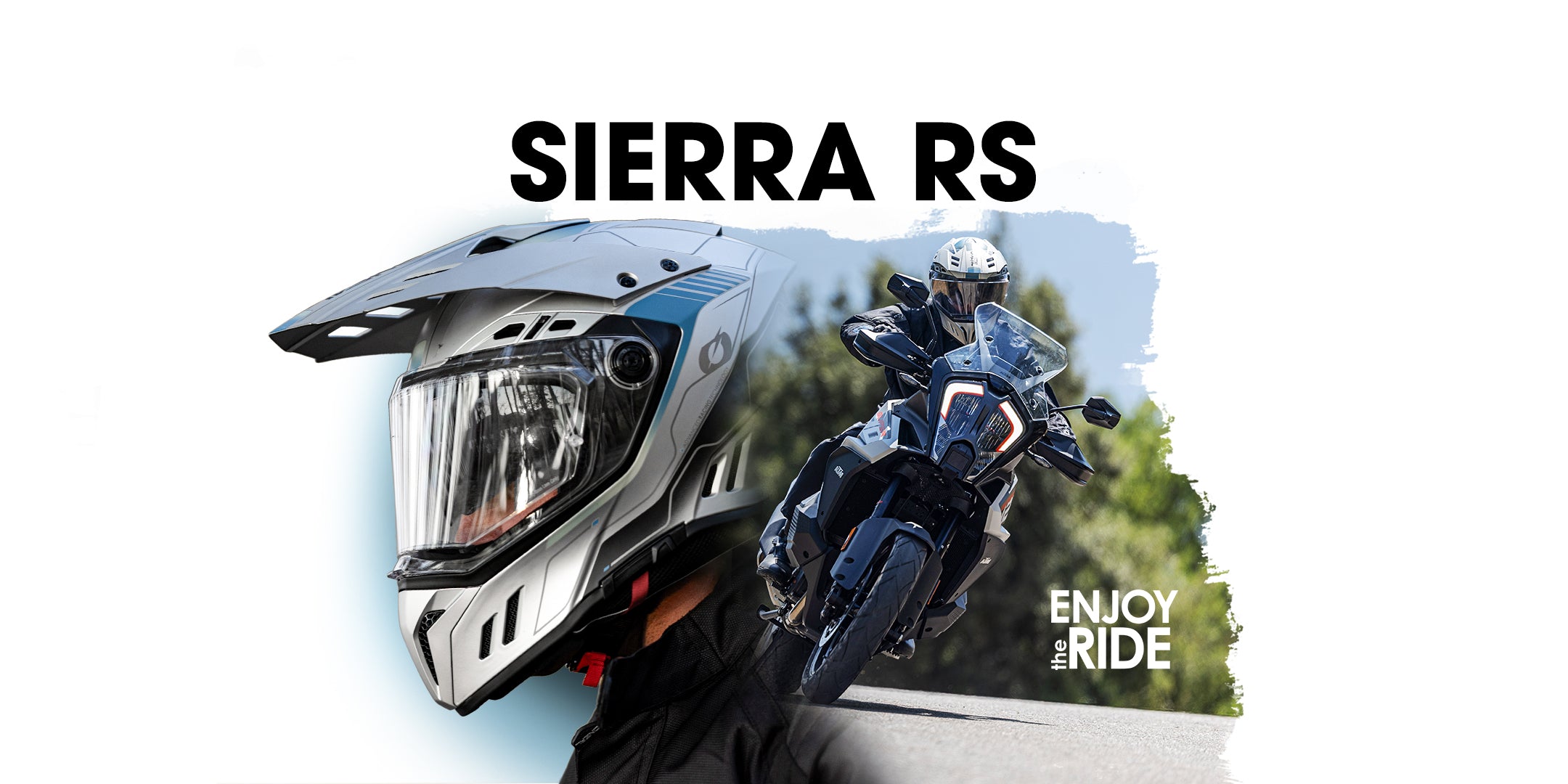Nahaufnahme eines silbernen Motorradhelms auf der linken Seite, mit einem Motorradfahrer auf einem blauen Motorrad auf einer Straße auf der rechten Seite. Oben steht in Fettdruck "SIERRA RS" und unten "ENJOY the RIDE".