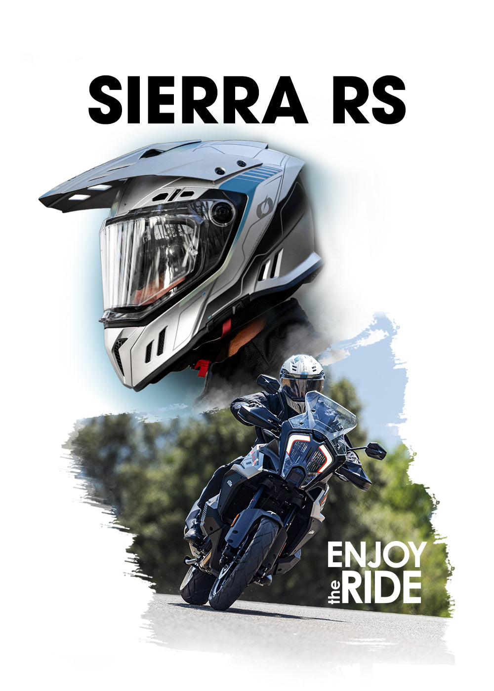 Ein silberner Motorradhelm über einem Fahrer auf einem schwarz-silbernen Motorrad, der auf einer Straße mit Grünflächen im Hintergrund fährt. Der Text lautet "SIERRA RS" am oberen Rand und "ENJOY the RIDE" am unteren Rand.