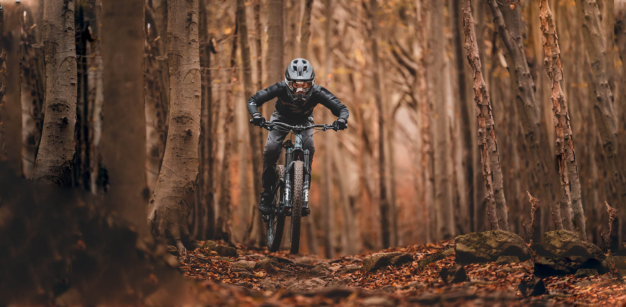 Eine Person mit Helm und Schutzausrüstung fährt mit einem Mountainbike durch einen Waldweg, umgeben von hohen Bäumen und Herbstblättern auf dem Boden. Die Szene vermittelt einen abenteuerlichen Outdoor-Aktivitäten in einer ruhigen, waldreichen Umgebung.