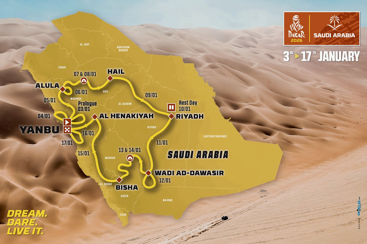 Eine Karte von Saudi-Arabien zeigt die Route der Rallye Dakar 2025, auf der die wichtigsten Stationen markiert sind: Bisha, Wadi Ad-Dawasir, Riyadh, Hail, Alula und Yanbu. Die Rallye findet vom 3. bis 17. Januar statt, wobei die Daten und Streckenverläufe hervorgehoben sind.