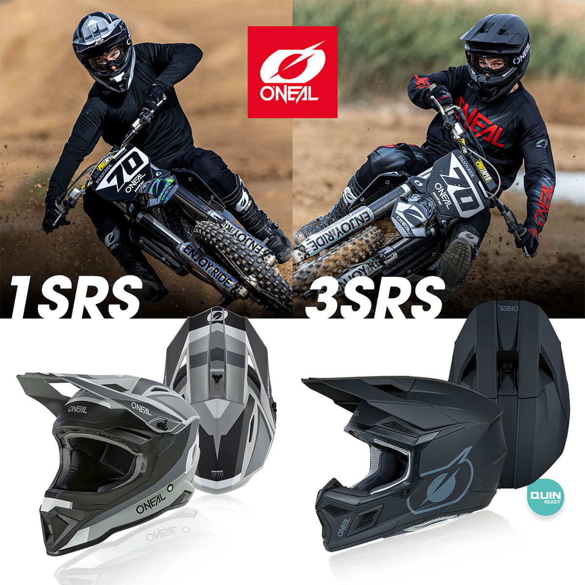 Zwei Motorradfahrer fahren Dirtbikes. Über ihnen ist das O'Neal-Logo. Darunter sind Bilder von zwei Motorradhelmen; einer ist weiß und grau (1SRS), der andere ist schwarz (3SRS). Der schwarze Helm hat ein blaues Logo und die Aufschrift „QUIN“.