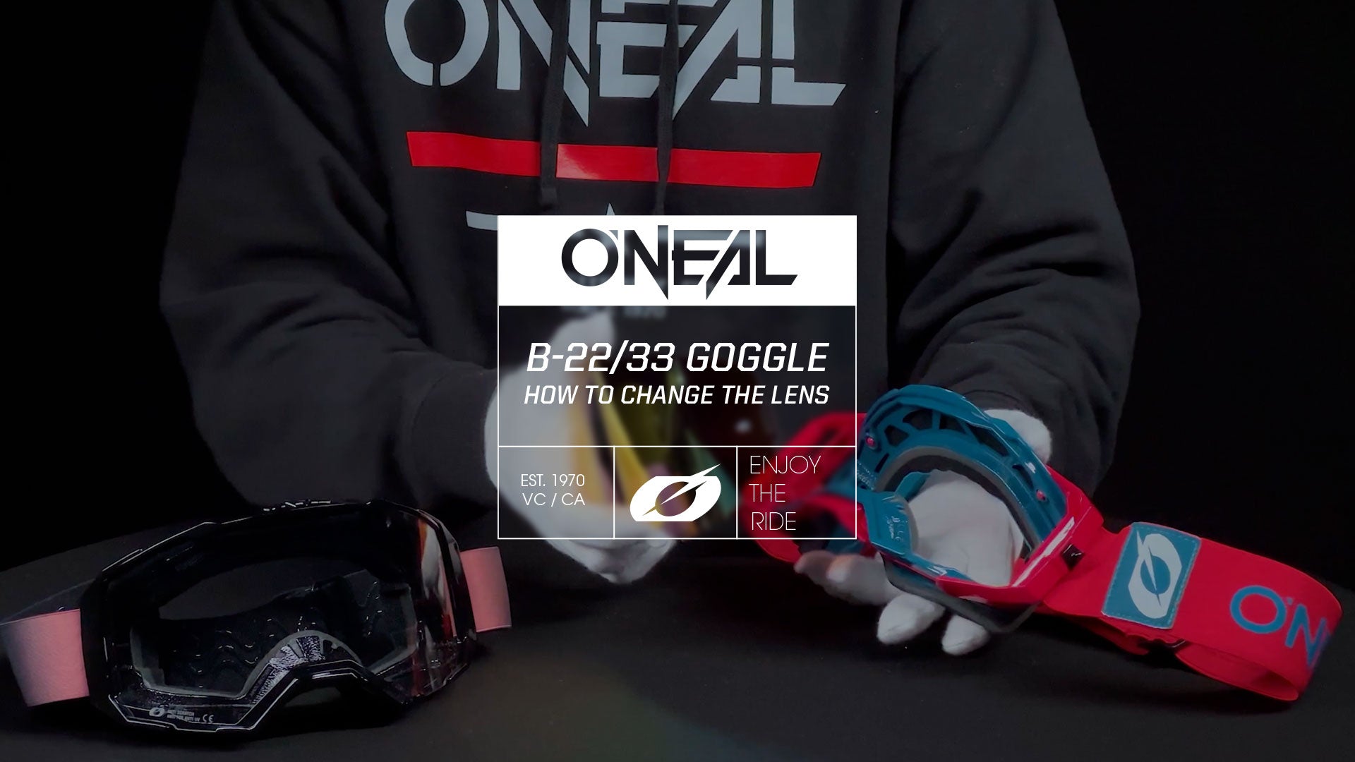 Eine Person mit Handschuhen hält eine O'NEAL-Brille mit abnehmbarer blauer Linse. Eine weitere schwarze Brille liegt auf dem Tisch. Der Text lautet: „O'NEAL B-22/33 GOGGLE. So wechseln Sie die Linse.“.