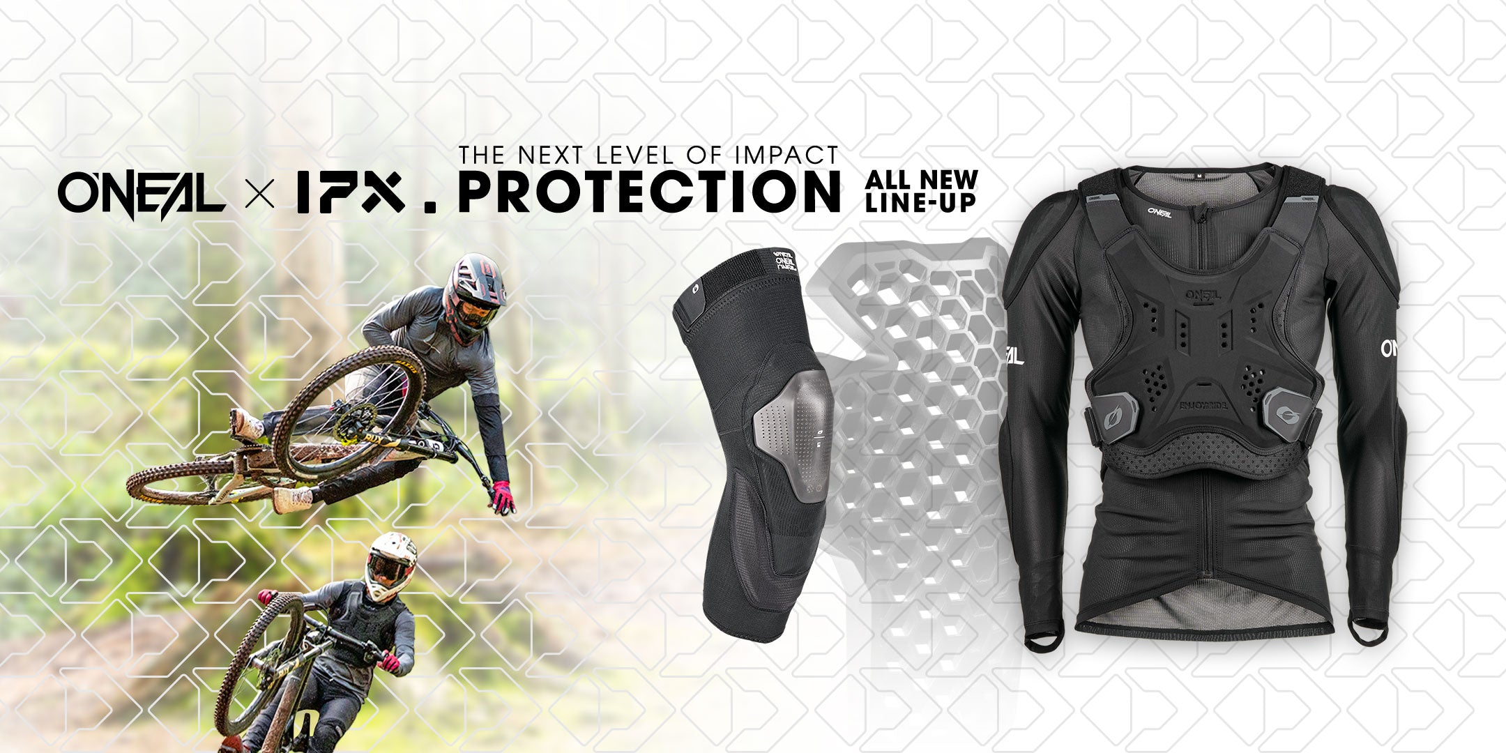 Zusammengesetztes Bild mit O'Neal IFX-Fahrradschutzkleidung, einschließlich eines Brustschutzes und eines Knieschutzes, mit zwei Aufnahmen von Radfahrern, die die Ausrüstung auf der Strecke tragen. Der Text lautet: "DIE NÄCHSTE STUFE DES AUFPRALLSCHUTZES. VÖLLIG NEUE PRODUKTREIHE.