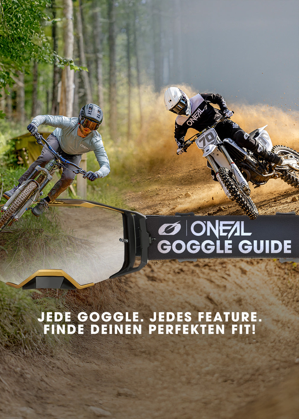 Zwei Radfahrer fahren über unbefestigte Waldwege, einer auf einem Mountainbike, der andere auf einer Motocross-Maschine. Eine große O'Neal-Brille und der Text "ONEAL GOGGLE GUIDE" und "Finde deinen perfekten Fit!" erscheinen in der Mitte.