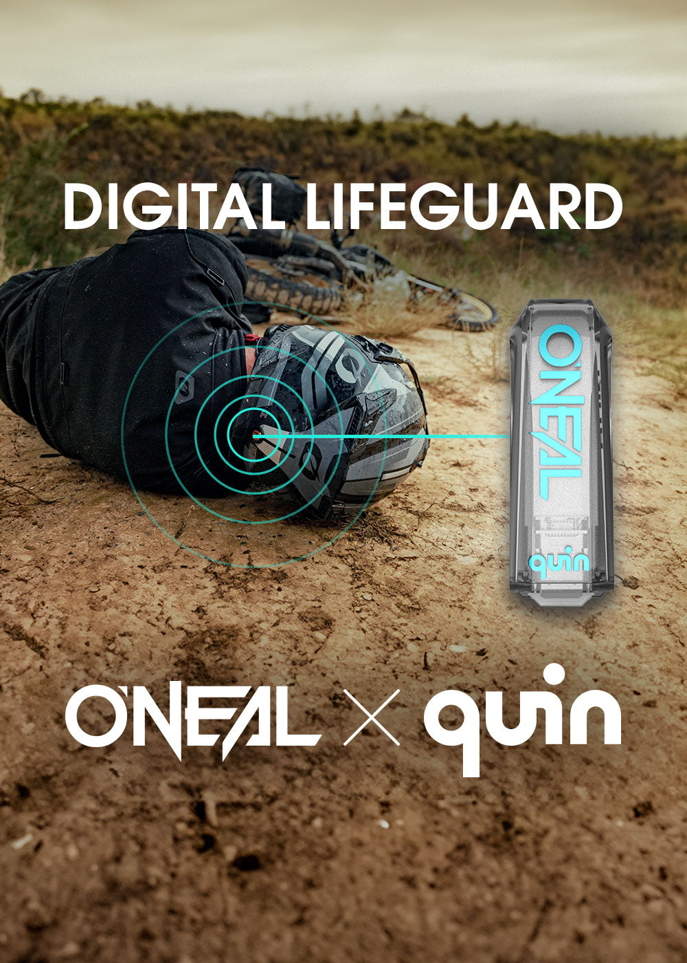 Eine Person in Fahrradkleidung liegt neben einem Helm auf dem Boden. Digitale Grafiken sind mit einem kleinen Gerät mit der Aufschrift „ONEAL quin“ verbunden. Der Text lautet: „DIGITAL LIFEGUARD ONEAL x quin.“.