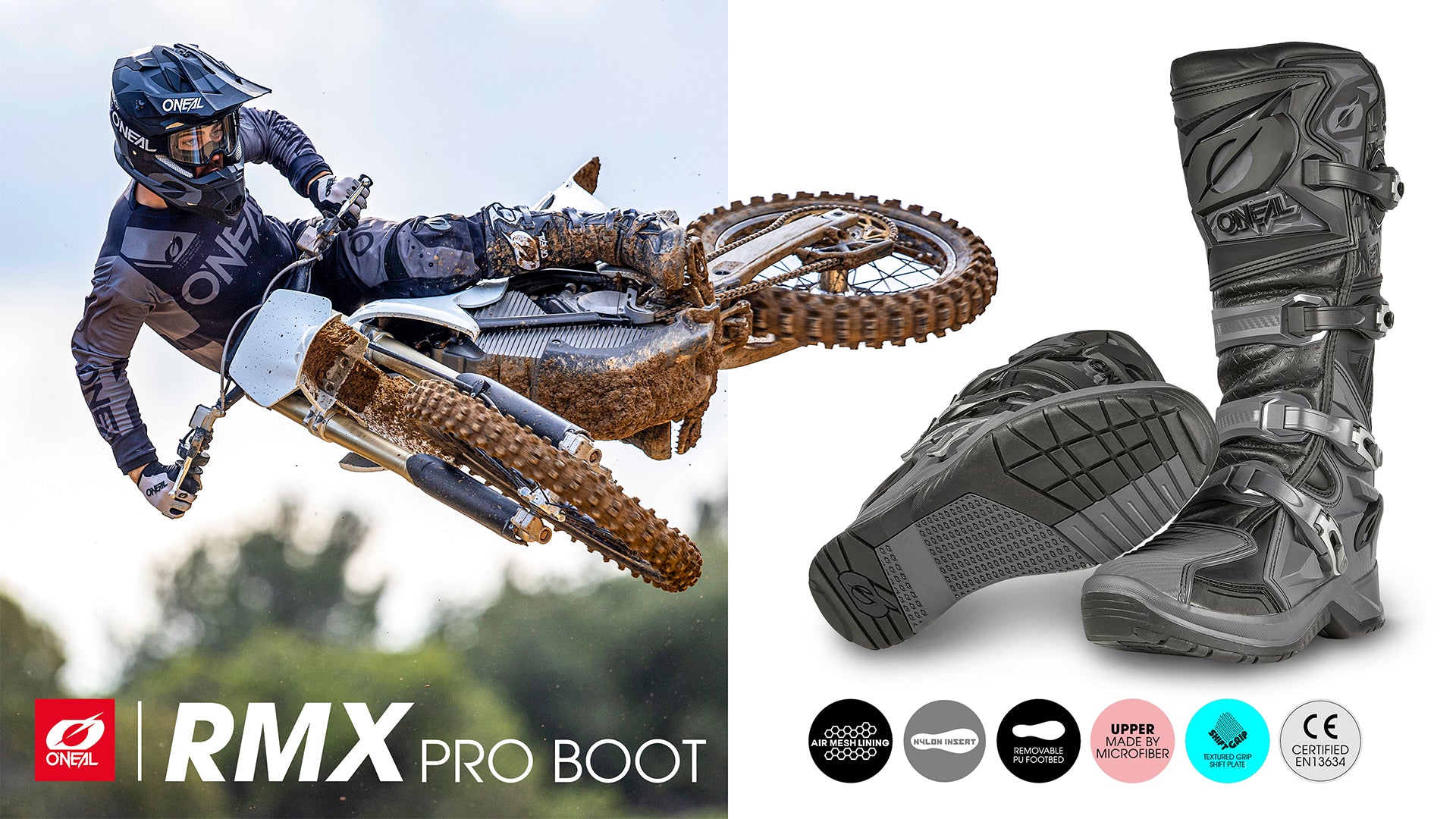 Auf der linken Seite ein Bild eines Motocrossfahrers, der einen Sprung ausführt. Er trägt O'Neal-Ausrüstung. Auf der rechten Seite eine Nahaufnahme von O'Neal RMX Pro Boots mit verschiedenen Symbolen, die auf Merkmale wie Wasserdichtigkeit und Zertifizierung hinweisen. Der Hintergrund zeigt eine verschwommene Szene im Freien.