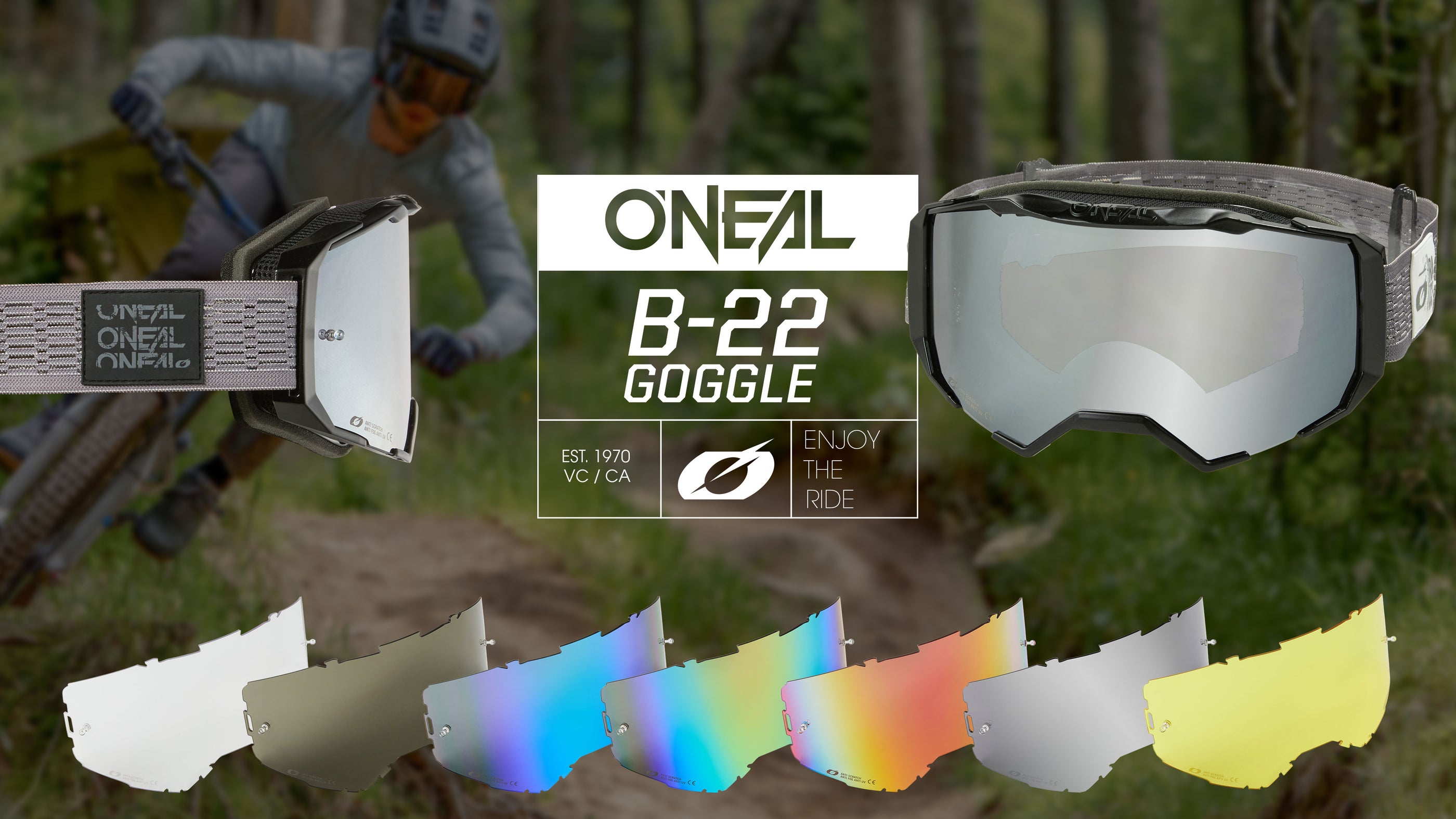 Ein Werbebild für die O'Neal B-22-Brille zeigt einen Biker im Hintergrund, Nahaufnahmen der Brille und am unteren Rand verschiedene Optionen für austauschbare Linsen in unterschiedlichen Farben.
