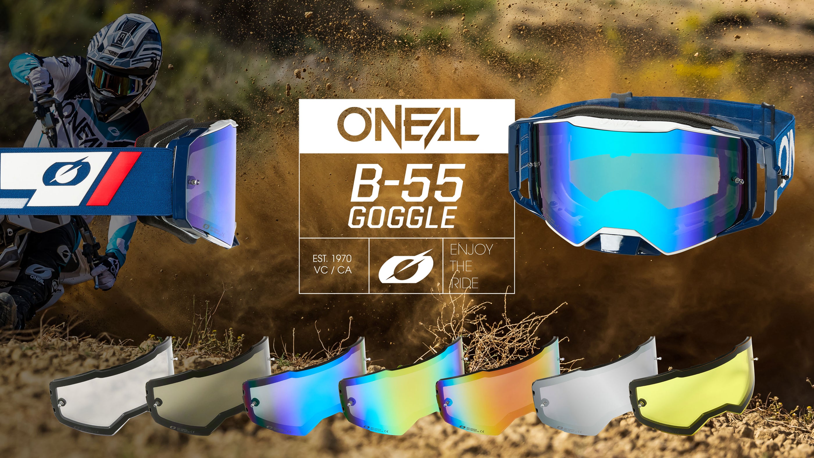 Auf einer Anzeige für die O’Neal B-55-Brille ist links ein Motocross-Fahrer zu sehen, in der Mitte eine Nahaufnahme der Brille und des Logos und am unteren Rand sind sechs austauschbare farbige Gläser abgebildet.