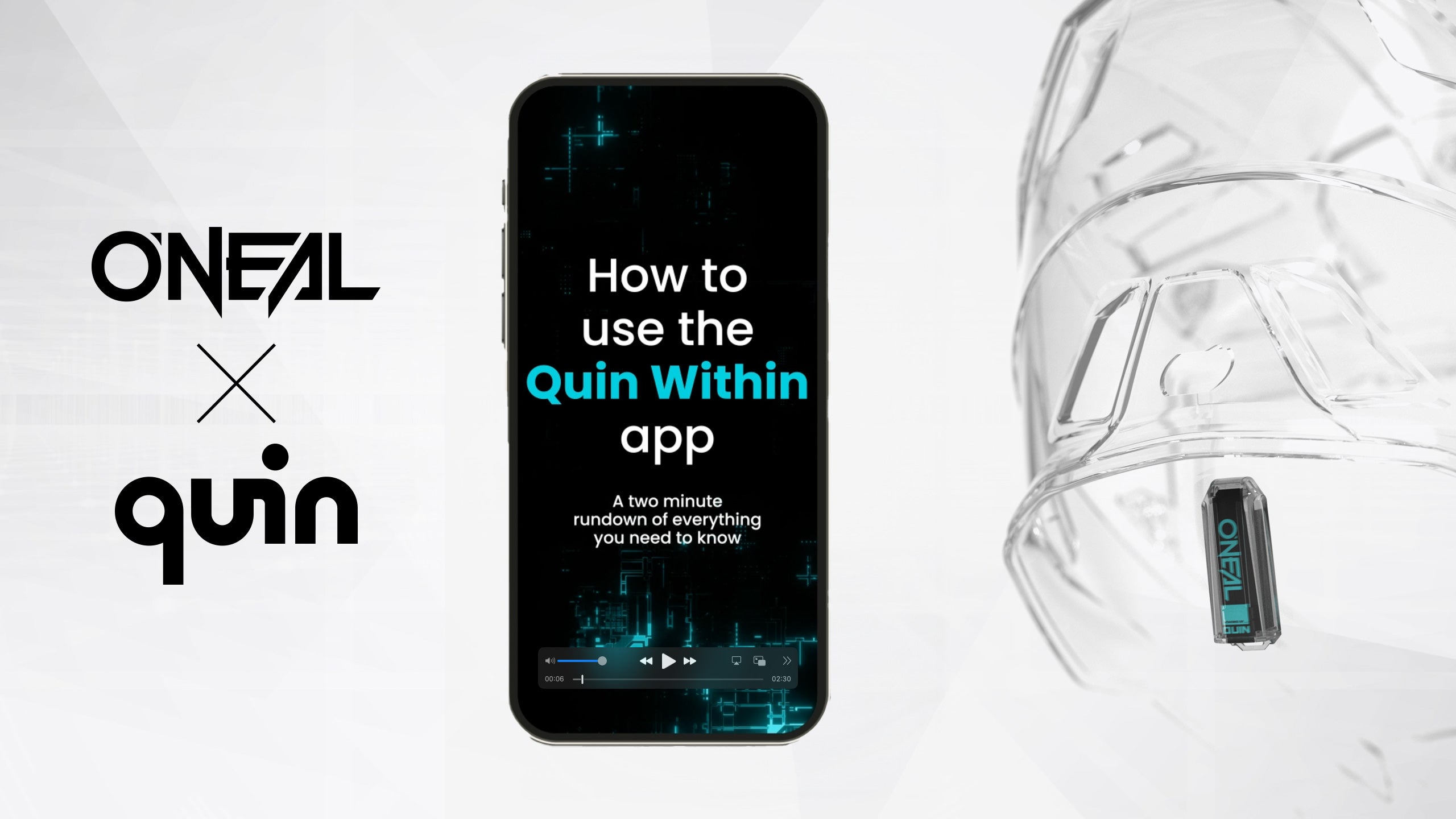 Auf einem Smartphone-Bildschirm wird „So verwenden Sie die Quin Within-App“ mit Anweisungen darunter angezeigt. Links sind die Logos „ONEAL“ und „Quin“ zu sehen. Rechts ist der transparente Umriss eines Helms zu sehen.