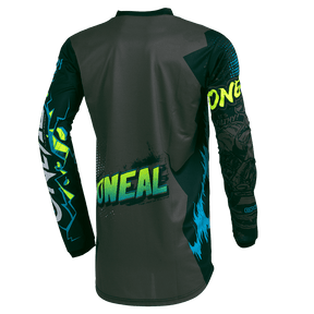 Das O'NEAL ELEMENT Jersey VILLAIN ist ein langärmliges Sportoberteil mit schwarzer Grundfarbe und neongrünen, gelben und blauen Grafikdesigns auf dem Rücken und den Ärmeln. „ONEAL“ steht in fetten Lettern deutlich auf der Rückseite. Es besteht aus atmungsaktivem Material und sorgt für eine perfekte Passform beim Training.