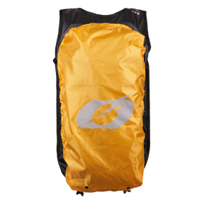 The O'NEAL JUNCTION Protective Backpack from O'NEAL Europe is pictured from the back and features a black design with a yellow rain cover and a white logo on a white background.