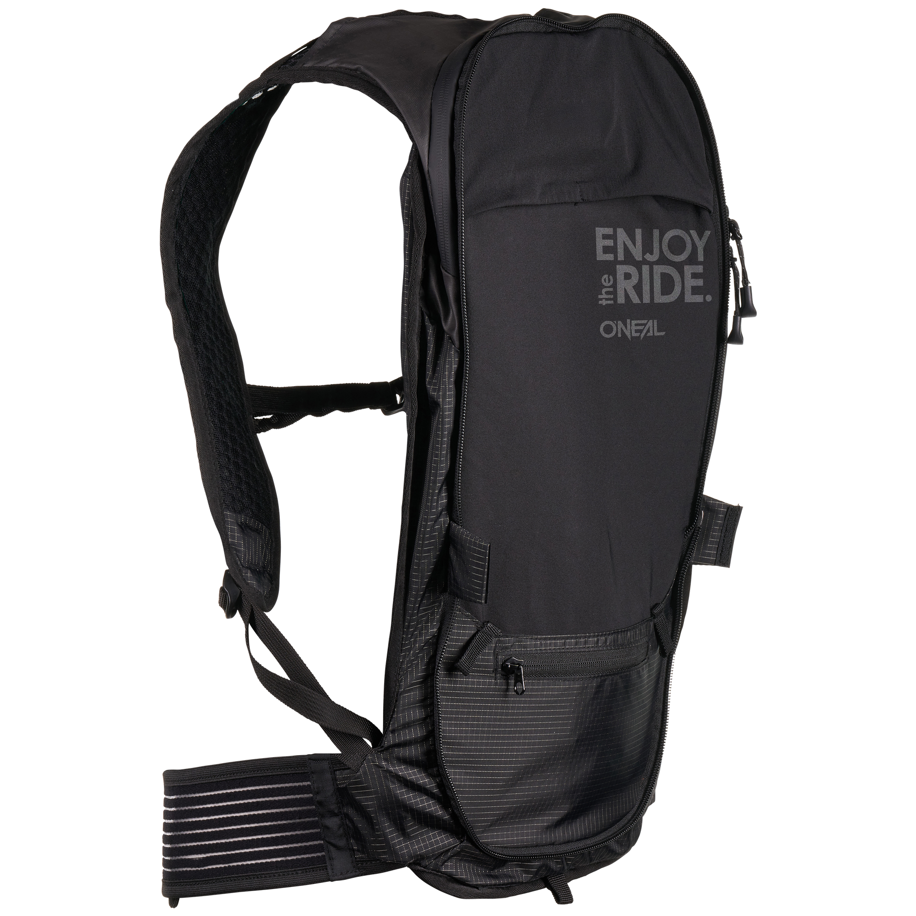 Der O'NEAL Europe JUNCTION Protective Backpack ist schwarz mit dem grauen Schriftzug "ENJOY THE RIDE." auf der Vorderseite. Er verfügt über gepolsterte Schultergurte, einen Hüftgurt und Reißverschlusstaschen, ideal für den Einsatz im Freien oder beim Radfahren.