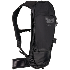 The O'NEAL Europe JUNCTION Protective Backpack is black with the gray lettering "ENJOY THE RIDE." on the front. It features padded shoulder straps, a waist belt and zippered pockets, ideal for outdoor use or cycling.
