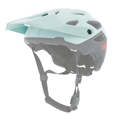 Der O'NEAL Visor PIKE Helmet SOLID von O'NEAL ist ein hellblau-schwarzer Helm mit Belüftungslöchern, verstellbarem Kinnriemen, markantem Frontvisier und rotem Seitentext.