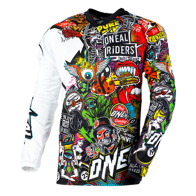 Das O'NEAL MAYHEM Jersey CRANK von O'NEAL ist ein farbenfrohes, langärmliges Motocross-Trikot voller farbenfroher, vielseitiger Grafiken und Logos. Das Design zeigt verschiedene cartoonartige Illustrationen, darunter Totenköpfe, Flammen und Biker-Motive. Hergestellt aus High-Performance-Qualitätsmaterialien für unübertroffenen Komfort, sind die vorherrschenden Farben Rot, Schwarz, Weiß, Gelb und Blau.