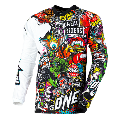 Das O'NEAL MAYHEM Jersey CRANK von O'NEAL ist ein farbenfrohes, langärmliges Motocross-Trikot voller farbenfroher, vielseitiger Grafiken und Logos. Das Design zeigt verschiedene cartoonartige Illustrationen, darunter Totenköpfe, Flammen und Biker-Motive. Hergestellt aus High-Performance-Qualitätsmaterialien für unübertroffenen Komfort, sind die vorherrschenden Farben Rot, Schwarz, Weiß, Gelb und Blau.