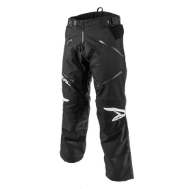 I pantaloni O'NEAL Baja di O'NEAL sono caratterizzati da ginocchia rinforzate, tasche con zip e dettagli del logo sulla coscia che sottolineano l'innovazione e la qualità in un design bianco e nero su sfondo bianco.
