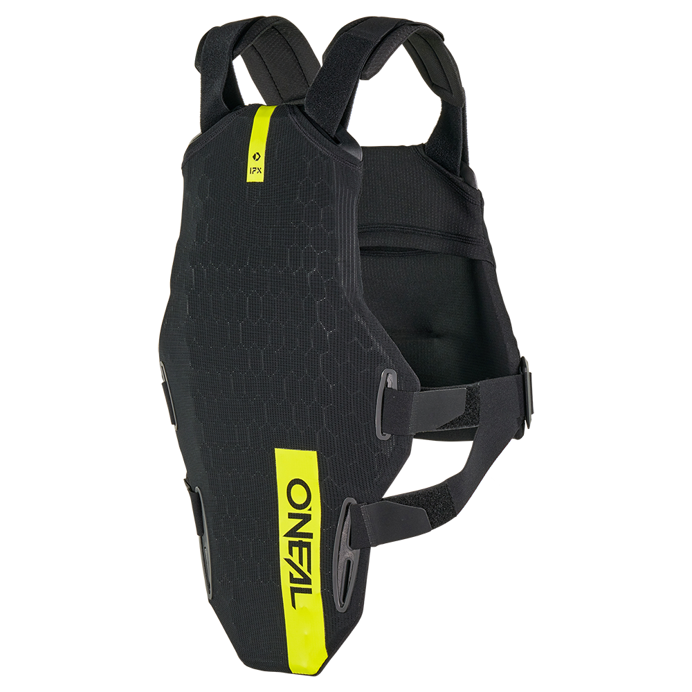 Der O'NEAL DIRT FLX Brustschutz, schwarz-gelb mit verstellbaren Riemen, aus IPX-TPE-Material und mit einem Level-2-Protektor für Sport oder Motorradfahren, ist auf einem schlichten weißen Hintergrund abgebildet.
