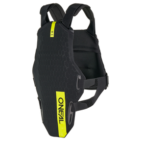 Der O'NEAL DIRT FLX Brustschutz, schwarz-gelb mit verstellbaren Riemen, aus IPX-TPE-Material und mit einem Level-2-Protektor für Sport oder Motorradfahren, ist auf einem schlichten weißen Hintergrund abgebildet.