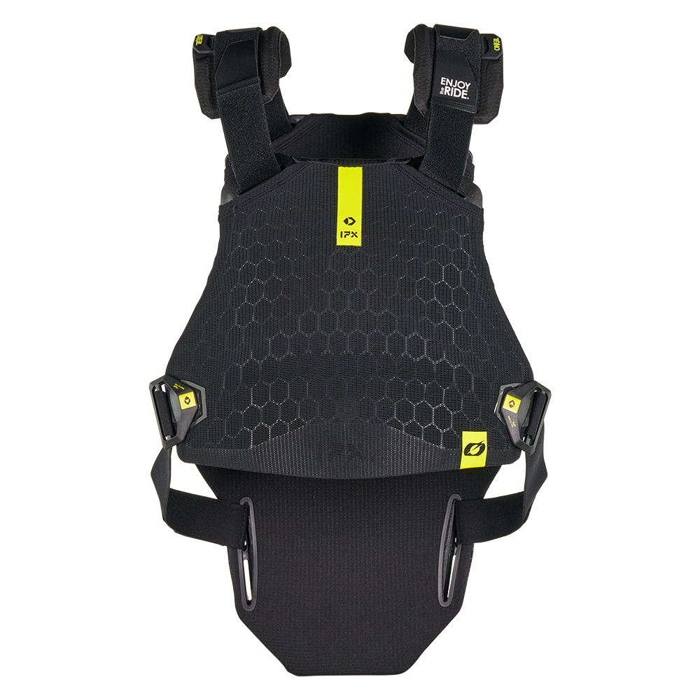 O'NEAL DIRT FLX Brustprotektor in Schwarz mit verstellbaren Trägern, gelben Akzenten, sechseckigem Muster auf der Vorderseite und zwei seitlichen Schnallen; hergestellt aus IPX TPE Material und eingestuft als Level 2 Protektor für die Sicherheit beim Sport oder Motorradfahren.