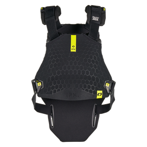 O'NEAL DIRT FLX Brustprotektor in Schwarz mit verstellbaren Trägern, gelben Akzenten, sechseckigem Muster auf der Vorderseite und zwei seitlichen Schnallen; hergestellt aus IPX TPE Material und eingestuft als Level 2 Protektor für die Sicherheit beim Sport oder Motorradfahren.