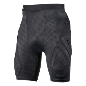 Die O'NEAL Europe DIRT FLX Crash Shorts in Schwarz ist mit einer netzartigen Struktur, einer Oberschenkel- und Seitenpolsterung und IPX®-Schutz ausgestattet und zeigt sich auf einem schlichten weißen Hintergrund.