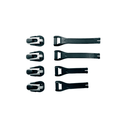Sei parti del kit O'NEAL RMX Boot Full Buckle/Strap con fibbie bianche e nere disposte verticalmente sul lato sinistro e cinghie nere sul lato destro sono visualizzate su uno sfondo verde.