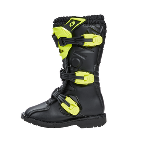 Der O'NEAL RIDER PRO Stiefel Kinder von O'NEAL ist ein schwarzer Motocross-Stiefel mit neongelben Akzenten und Schnallen. Er verfügt über ein robustes Design mit drei verstellbaren Riemen und einer robusten Sohle und bietet verbesserten Schutz und Halt beim Fahren im Gelände.
