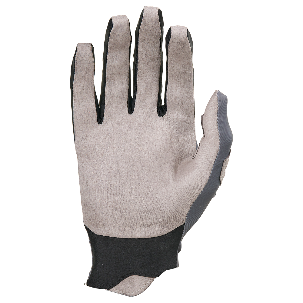 Der O'NEAL PIN IT Slip on Glove von O'NEAL ist mit der Handfläche nach oben auf weißem Grund abgebildet und besteht aus grauem und schwarzem Synthetikmaterial mit verlängerter Stulpe.