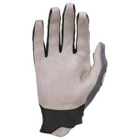 Der O'NEAL PIN IT Slip on Glove von O'NEAL ist mit der Handfläche nach oben auf weißem Grund abgebildet und besteht aus grauem und schwarzem Synthetikmaterial mit verlängerter Stulpe.