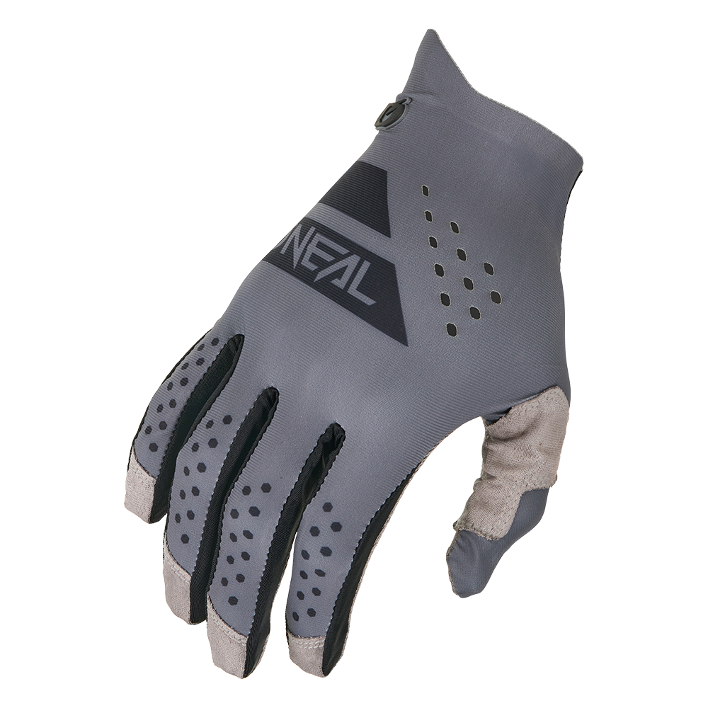 Der O'NEAL PIN IT Slip on Glove ist ein grau-schwarzer Vollfinger-Radhandschuh mit geometrischem Design, perforierter Belüftung, verstärkten Zeige- und Mittelfingerkuppen und dem O'NEAL-Logo auf dem Handrücken.