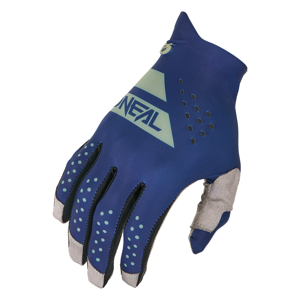 Ein blauer und grauer O'NEAL PIN IT Slip on Glove mit Belüftungslöchern und verstärkten Fingerspitzen, mit dem O'NEAL-Logo auf dem Handrücken und aus einem Winkel gezeigt, der sowohl den Handrücken als auch die Handflächenseite zeigt.