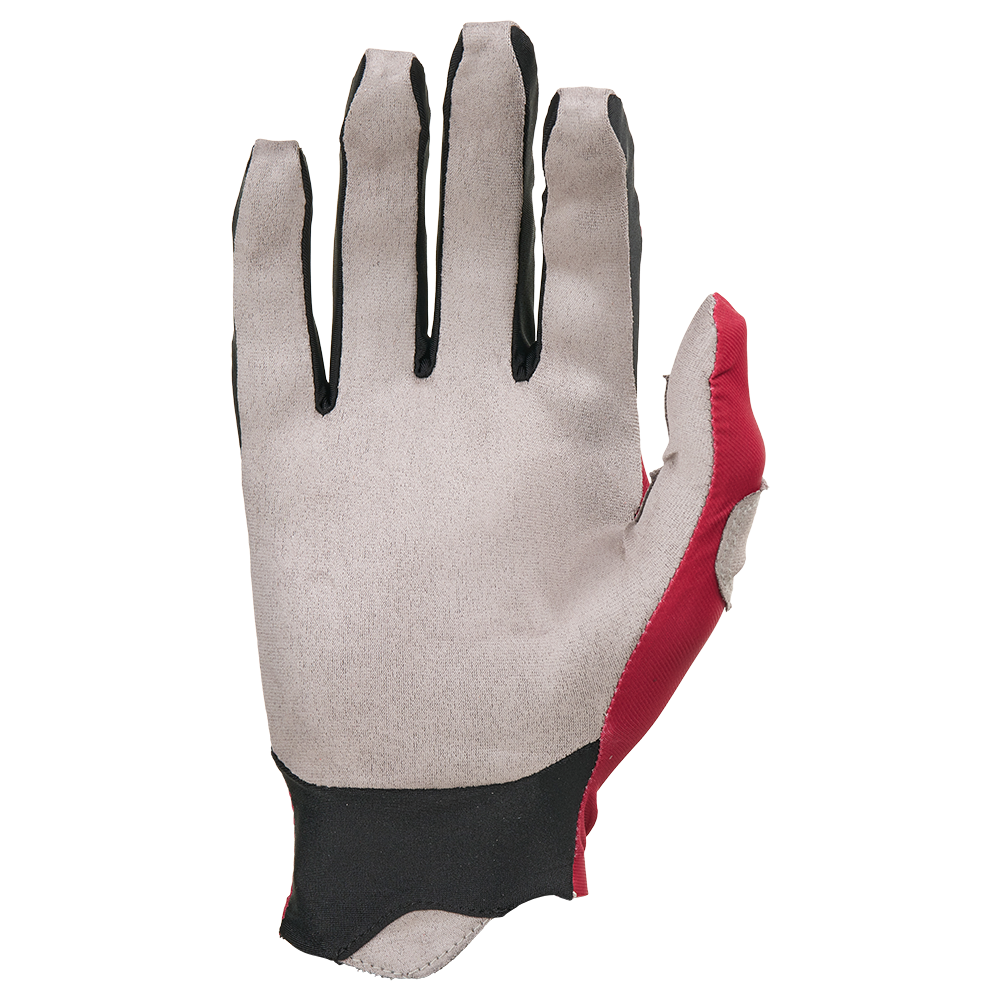 Der O'NEAL PIN IT Slip on Glove von O'NEAL ist ein einfacher grauer Handschuh mit schwarzen Rändern und einer roten Seite, wobei die Handfläche nach vorne zeigt und die Finger aufrecht stehen.
