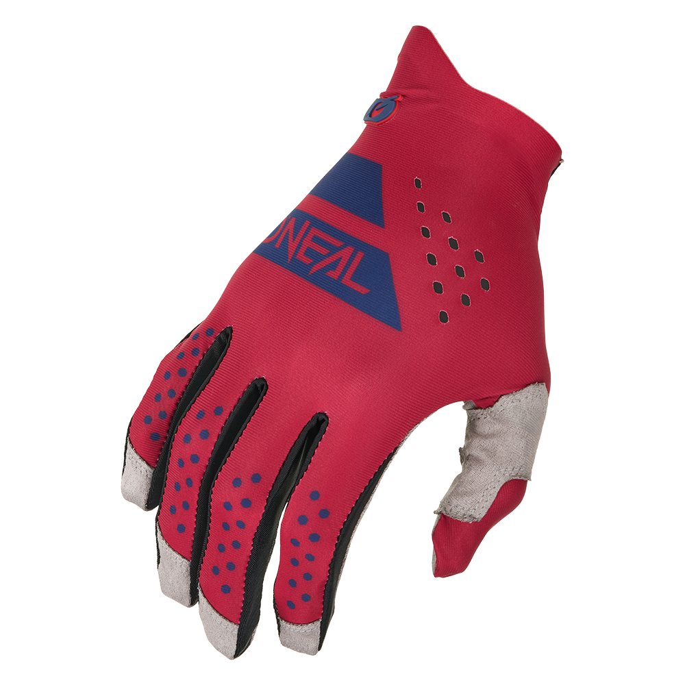 Der O'NEAL PIN IT Slip on Glove ist ein roter Rad- oder Motocross-Handschuh mit blauen Akzenten, schwarzer Zierleiste, blauen Fingerpunkten, Belüftungslöchern, grauer Polsterung an Handfläche und Daumen und dem Aufdruck "O'NEAL" auf dem Handrücken.