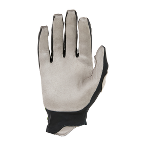 Ein O'NEAL PIN IT Slip On Glove in Grau mit schwarzem Rand ist mit der Handfläche nach oben, den ausgestreckten Fingern und dem leicht angewinkelten Daumen isoliert auf weißem Hintergrund abgebildet.