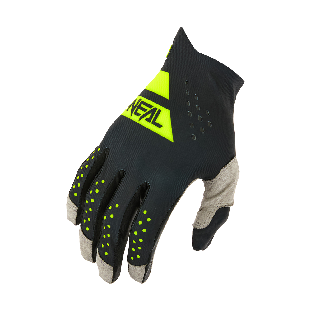 Der O'NEAL PIN IT Slip on Glove ist ein schwarzer und grauer Sporthandschuh mit gelben Akzenten, mit dem O'NEAL-Logo auf dem Handrücken, Perforationen zur Belüftung und strukturierten Griffen an den Fingern.