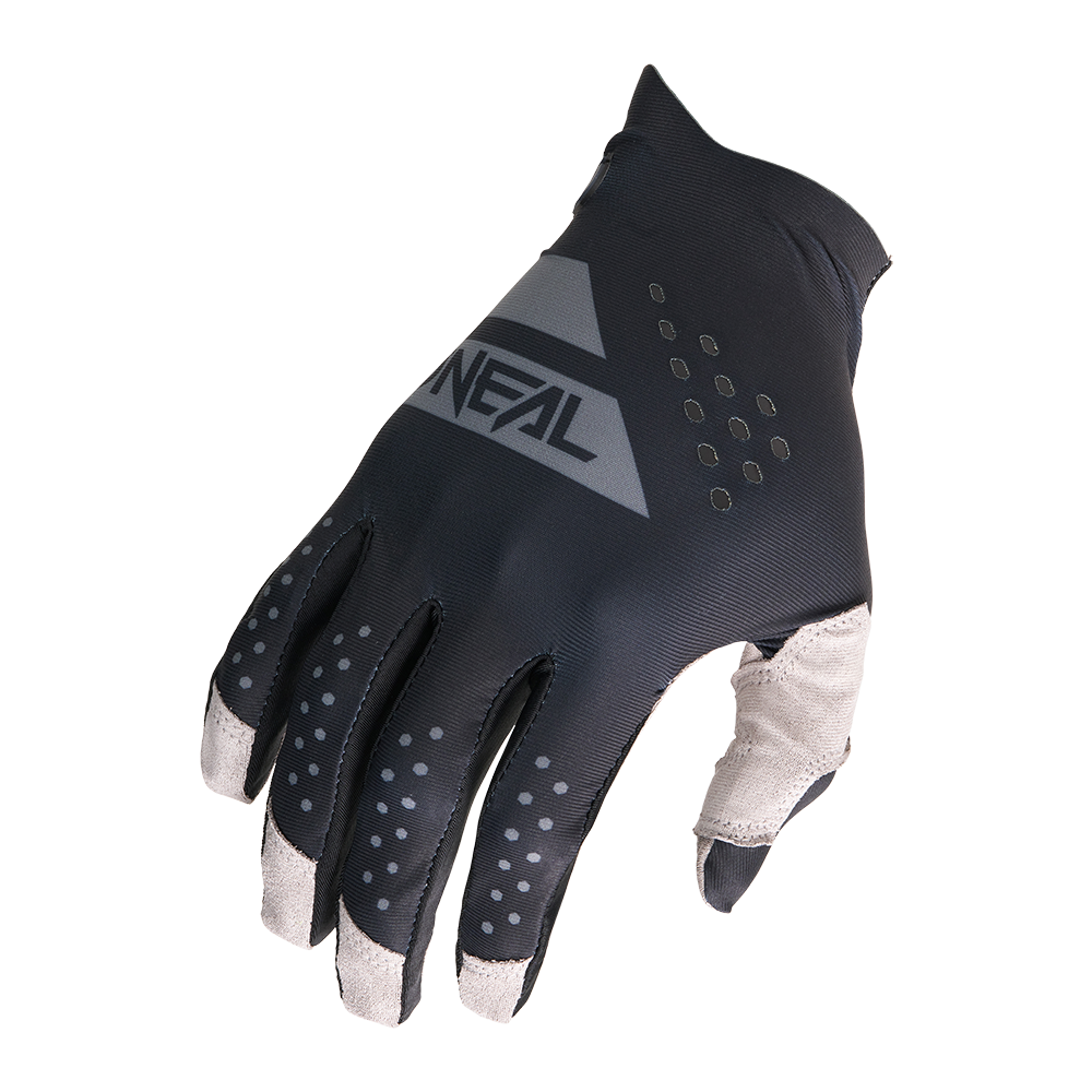 Der O'NEAL PIN IT Slip On Glove ist ein schwarzer Rad- oder Motocross-Handschuh mit grauen Akzenten, "O'NEAL" auf dem Rücken, kleinen Belüftungslöchern und verstärkten weißen Spitzen an Fingern und Daumen.