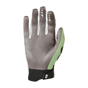 Der O'NEAL REVOLUTION Nanofront Handschuh ist ein grauer Handschuh mit schwarzer Manschette, weißen Fingerakzenten und grünem, strukturiertem Seitengriff - perfekt als MTB- oder MX-Handschuh.