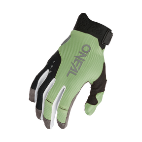 Der O'NEAL REVOLUTION Nanofront Handschuh ist ein grün-schwarzer Radsporthandschuh mit dem O'NEAL-Logo auf dem Handrücken, der mit der Handfläche nach unten und ausgestreckten Fingern gezeigt wird - ideal als MTB- oder MX-Handschuh.