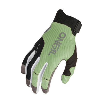 The O'NEAL REVOLUTION Nanofront glove is a green and black cycling glove with the O'NEAL logo on the back of the hand, palm down and fingers outstretched - ideal as an MTB or MX glove.