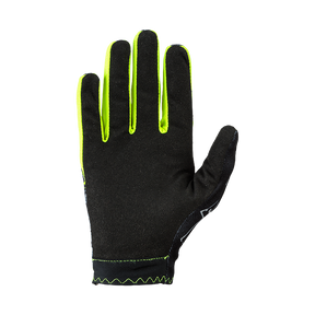 Ein einzelner schwarzer O'NEAL MATRIX Handschuh Kinder ATTACK mit neongelbem Rand, von oben mit der Handfläche nach oben. Der Handschuh weist kontrastierende Nähte entlang des Handgelenks und der Finger auf, die für gut sichtbare Akzente sorgen. Er scheint für Sicherheits- oder Industrieanwendungen konzipiert zu sein.