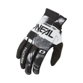 Der O'NEAL MATRIX Glove ROLLER ist ein schwarz-weißer Fahrradhandschuh mit einem modernen abstrakten Muster, dem O'NEAL-Logo auf dem Handrücken und dem Aufdruck "ENJOY THE RIDE" auf dem Zeigefinger.