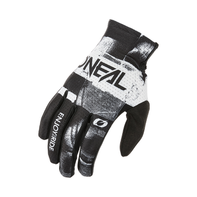 Der O'NEAL MATRIX Glove ROLLER ist ein schwarz-weißer Fahrradhandschuh mit einem modernen abstrakten Muster, dem O'NEAL-Logo auf dem Handrücken und dem Aufdruck "ENJOY THE RIDE" auf dem Zeigefinger.