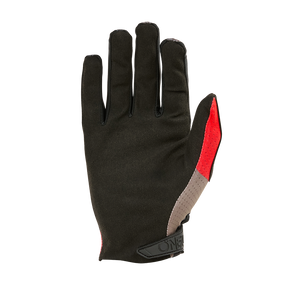Der O'NEAL MATRIX Glove ROLLER ist ein schwarzer Handschuh mit einem Klettverschluss, einem roten Streifen und einem grauen Abschnitt am Zeigefinger, der mit der Handfläche nach unten auf einem weißen Hintergrund abgebildet ist.