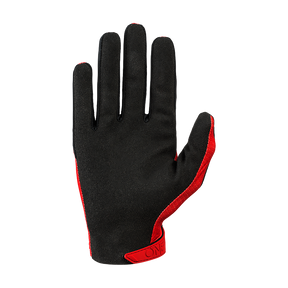 Abgebildet ist ein einzelner schwarzer O'NEAL MATRIX Handschuh STACKED-Handschuh mit rotem Rand und einem Klettverschluss am Handgelenk. Der von O'NEAL hergestellte Handschuh ist mit der Handfläche nach unten und ausgestreckten Fingern abgebildet.