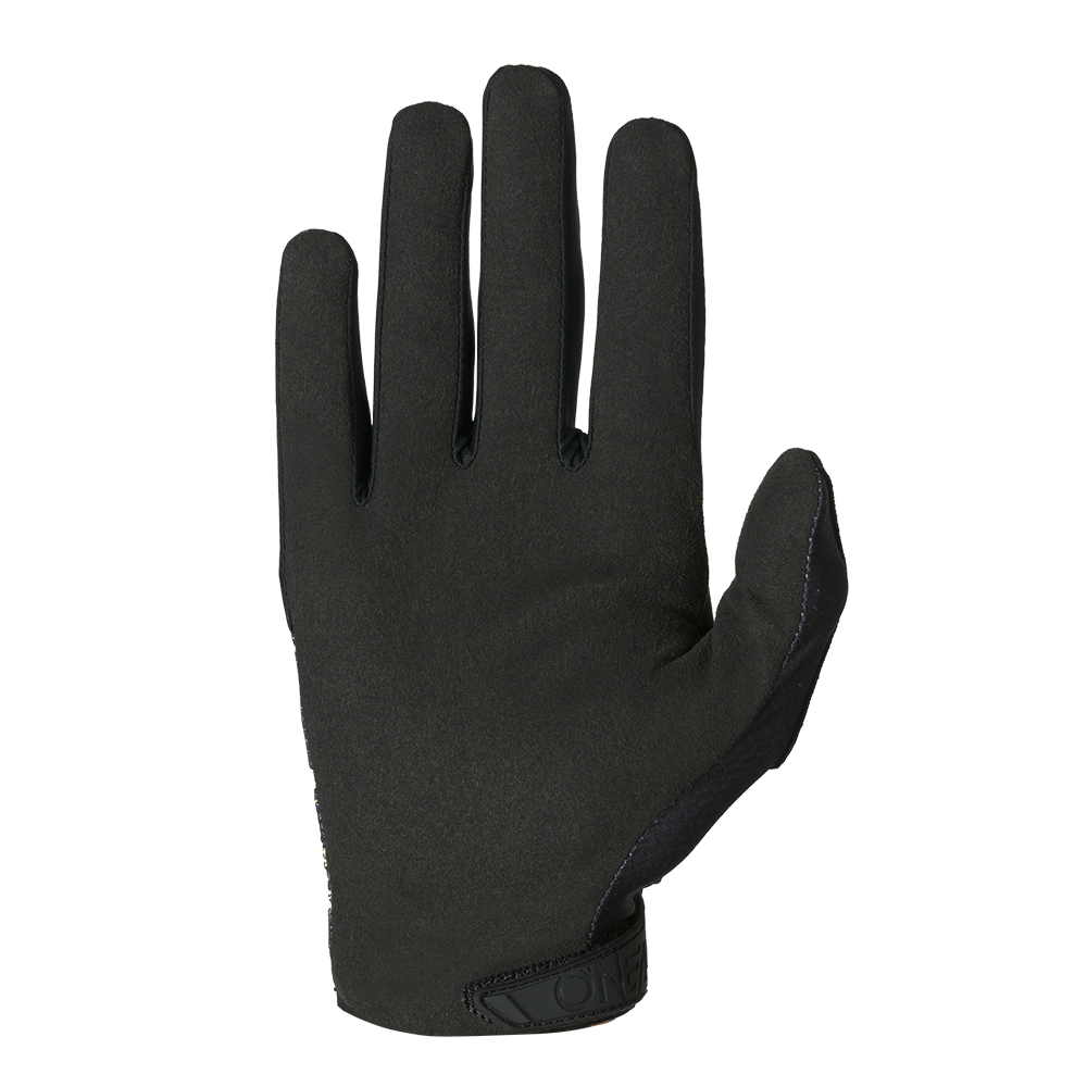 Der O'NEAL MATRIX Youth Glove RANCID von O'NEAL ist mit der Handfläche nach oben auf weißem Grund abgebildet. Er hat eine schwarze, leicht strukturierte Oberfläche und angepasste Finger mit einem einfachen Design.