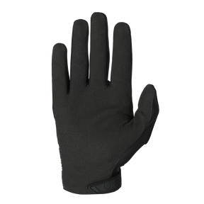 Der O'NEAL MATRIX Youth Glove RANCID von O'NEAL ist mit der Handfläche nach oben auf weißem Grund abgebildet. Er hat eine schwarze, leicht strukturierte Oberfläche und angepasste Finger mit einem einfachen Design.