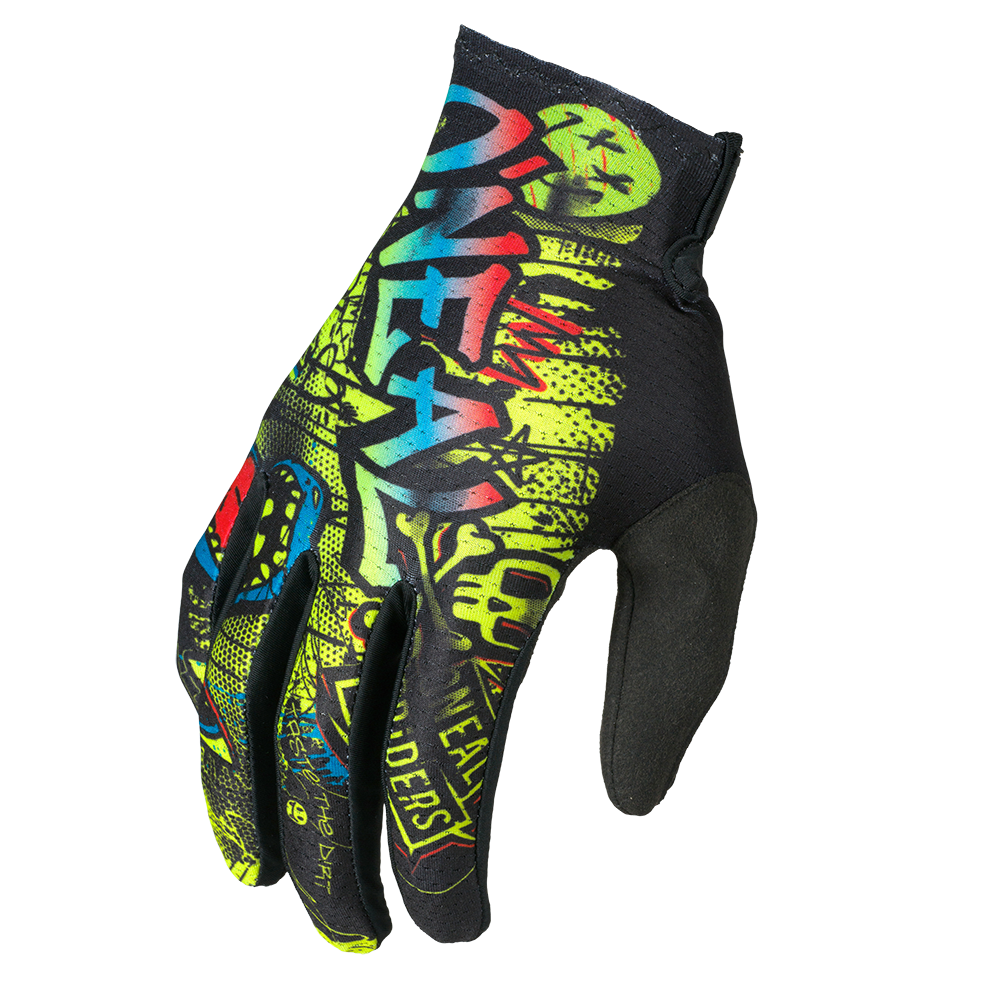 Der O'NEAL MATRIX Youth Glove RANCID von O'NEAL hat eine schwarze Handfläche und auffällige Graffiti-Grafiken in Gelb, Grün, Blau und Rot mit fetten Schriftzügen für einen lebendigen Look.