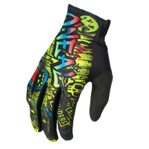 Der O'NEAL MATRIX Youth Glove RANCID von O'NEAL hat eine schwarze Handfläche und auffällige Graffiti-Grafiken in Gelb, Grün, Blau und Rot mit fetten Schriftzügen für einen lebendigen Look.