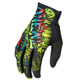 Der O'NEAL MATRIX Youth Glove RANCID von O'NEAL hat eine schwarze Handfläche und auffällige Graffiti-Grafiken in Gelb, Grün, Blau und Rot mit fetten Schriftzügen für einen lebendigen Look.